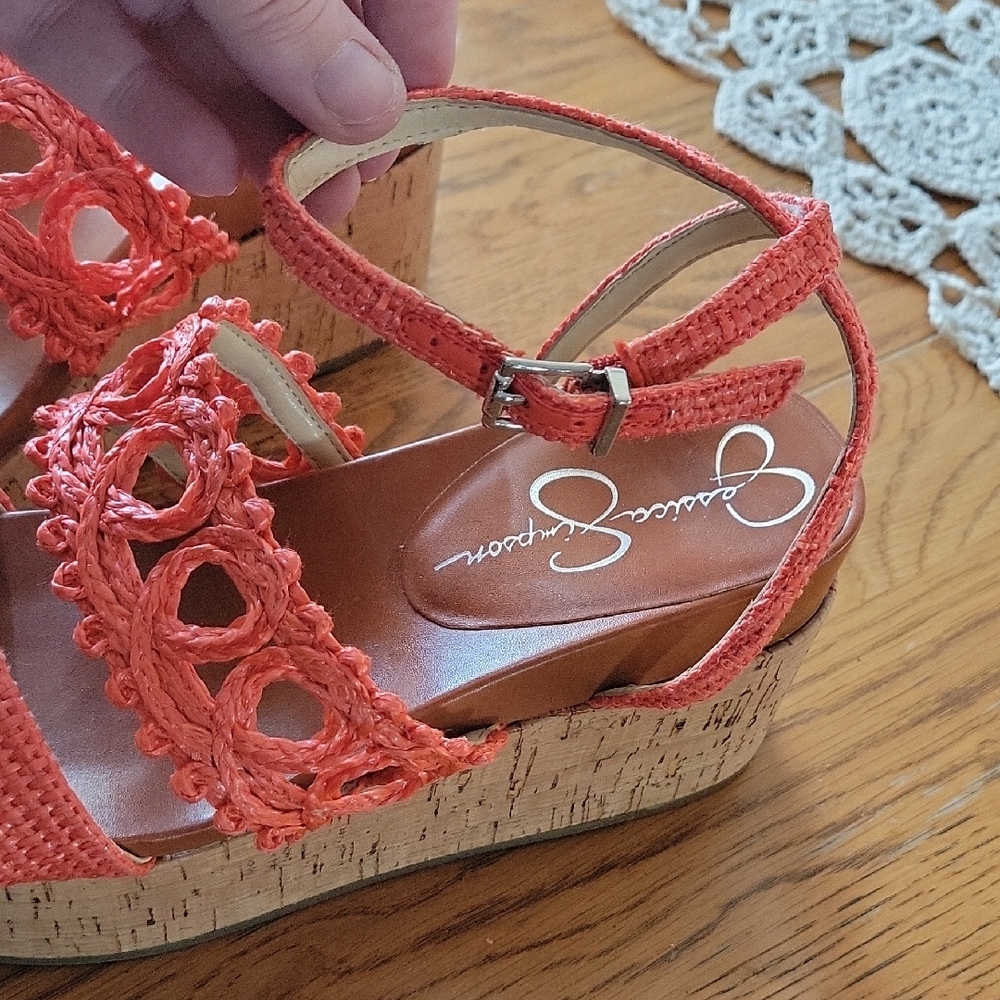 Jessica Simpson Pink Wedge Sandals with Crochet Detail.  D - Picture 3 of 8